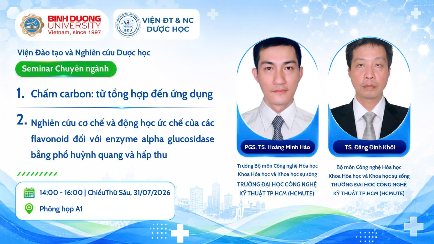 VIỆN DƯỢC HỌC BDU TỔ CHỨC THÀNH CÔNG SEMINAR CHUYÊN NGÀNH: CẬP NHẬT XU HƯỚNG NGHIÊN CỨU CHẤM CARBON VÀ ĐỘNG HỌC ỨC CHẾ ENZYME